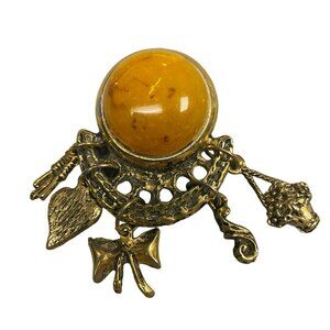Vintage Faux Amber Cabachon and Bronze tone Dangle Brooch, Unique, Rare, 80s